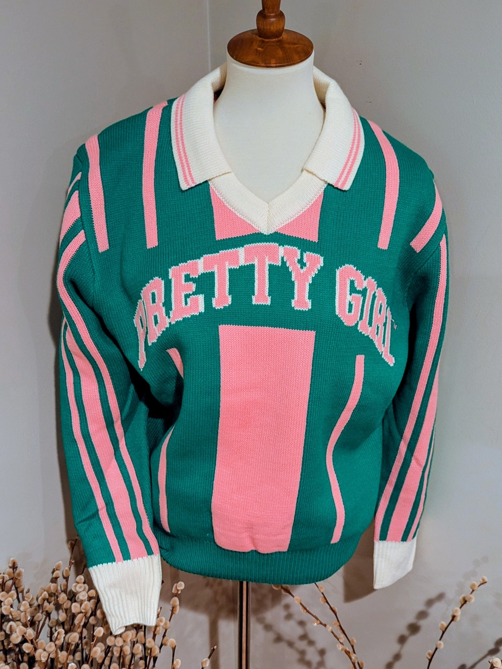 Pretty Girl Pink & Green Collared Sorority Sweater New